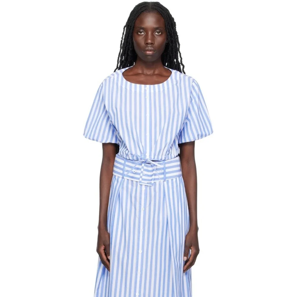 Staud Ellington Cotton Striped Puff Sleeve Cropped Top Blue Women's Size S